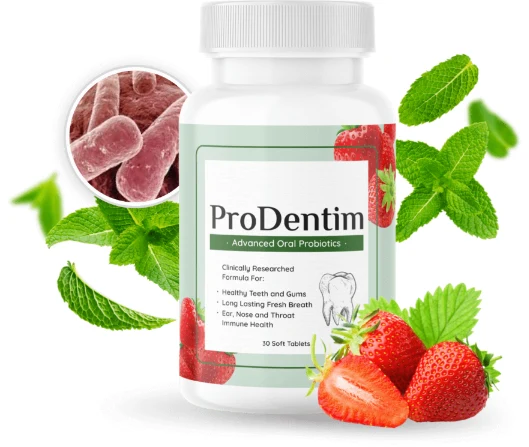 ProDentim bottle with fresh strawberries and mint